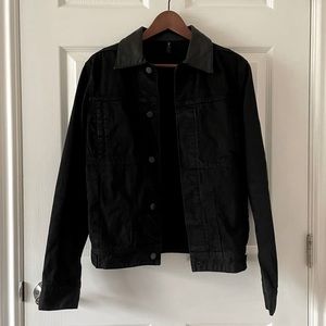 5cm Black Denim Jacket with Leather Collar